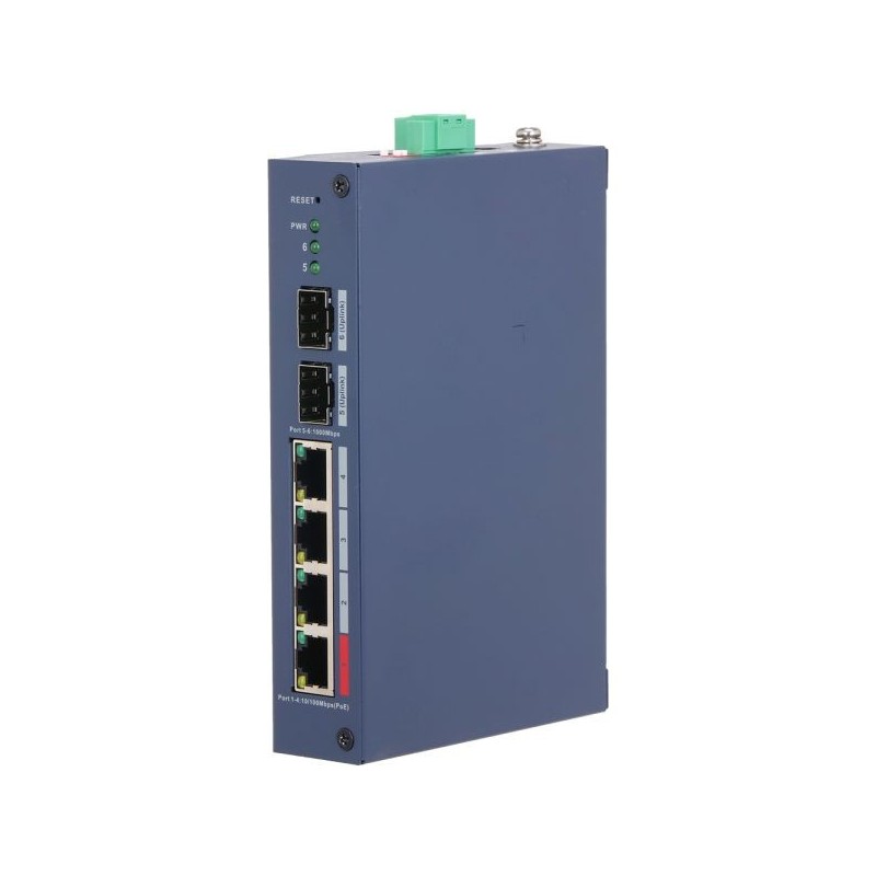 PoE-stikalo, 6 vrat, 4 vrata PoE, 2 vrati SFP, 250 m, upravljanje v oblaku, IP30, IK06, namizni, DIN-Letev