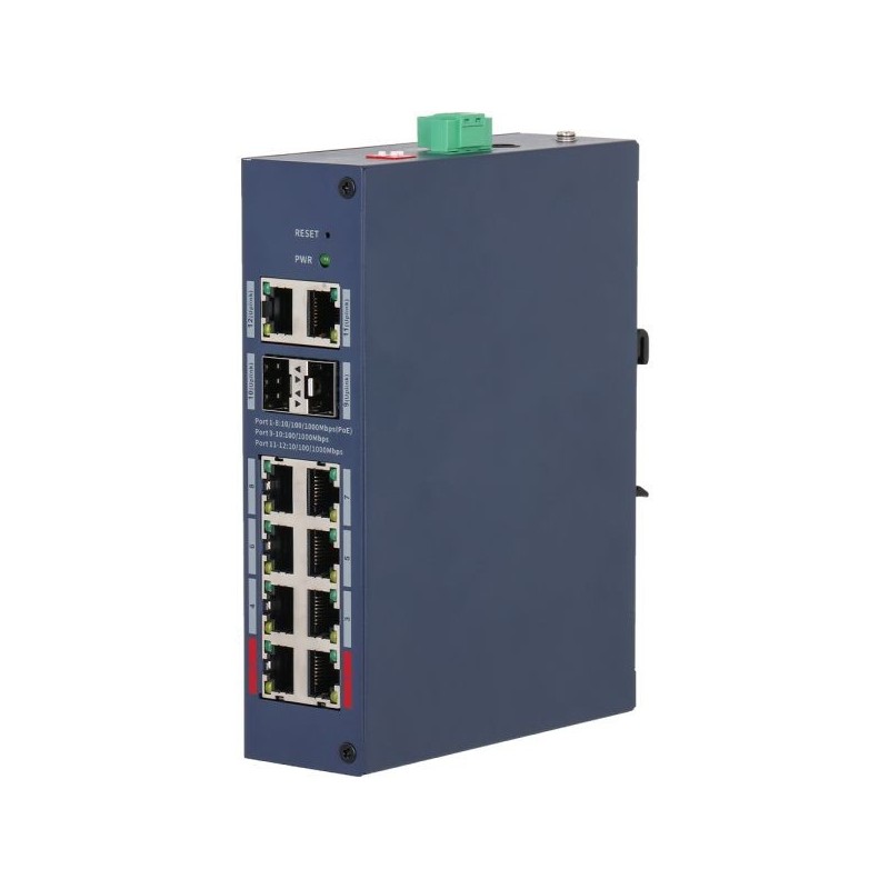 PoE-stikalo, 12 vrat, 8 vrat PoE, 2 vrati SFP, 250 m, upravljanje v oblaku, IP30, IK06, namizni, DIN-letev