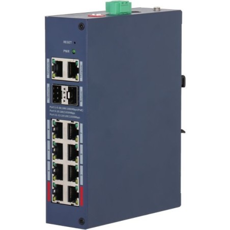 PoE-Switch, 12 Ports, 8 Ports PoE, 2 Ports SFP, 250 m, cloud managed, IP30, IK06, Desktop, DIN-Schiene