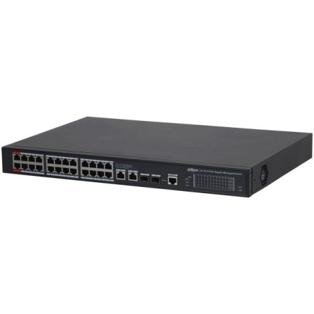 PoE-Switch, 28 Ports, 24 Ports PoE, 2 Ports SFP, 250m, managed, Desktop