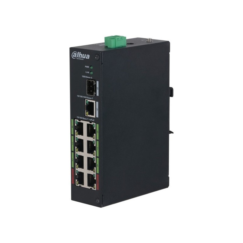 PoE-Switch, 10 Ports, 8 Ports PoE, 1 Port SFP, unmanaged, DIN-Schiene, Rack