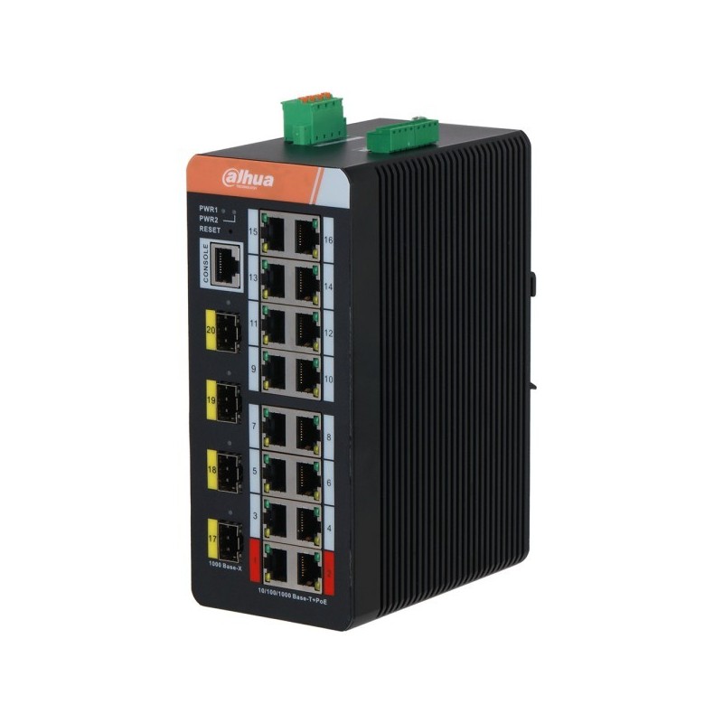 PoE-stikalo, 20 vrat, 16 vrat PoE, 4 vrata SFP, 250 m, upravljano, namizni, DIN-letev